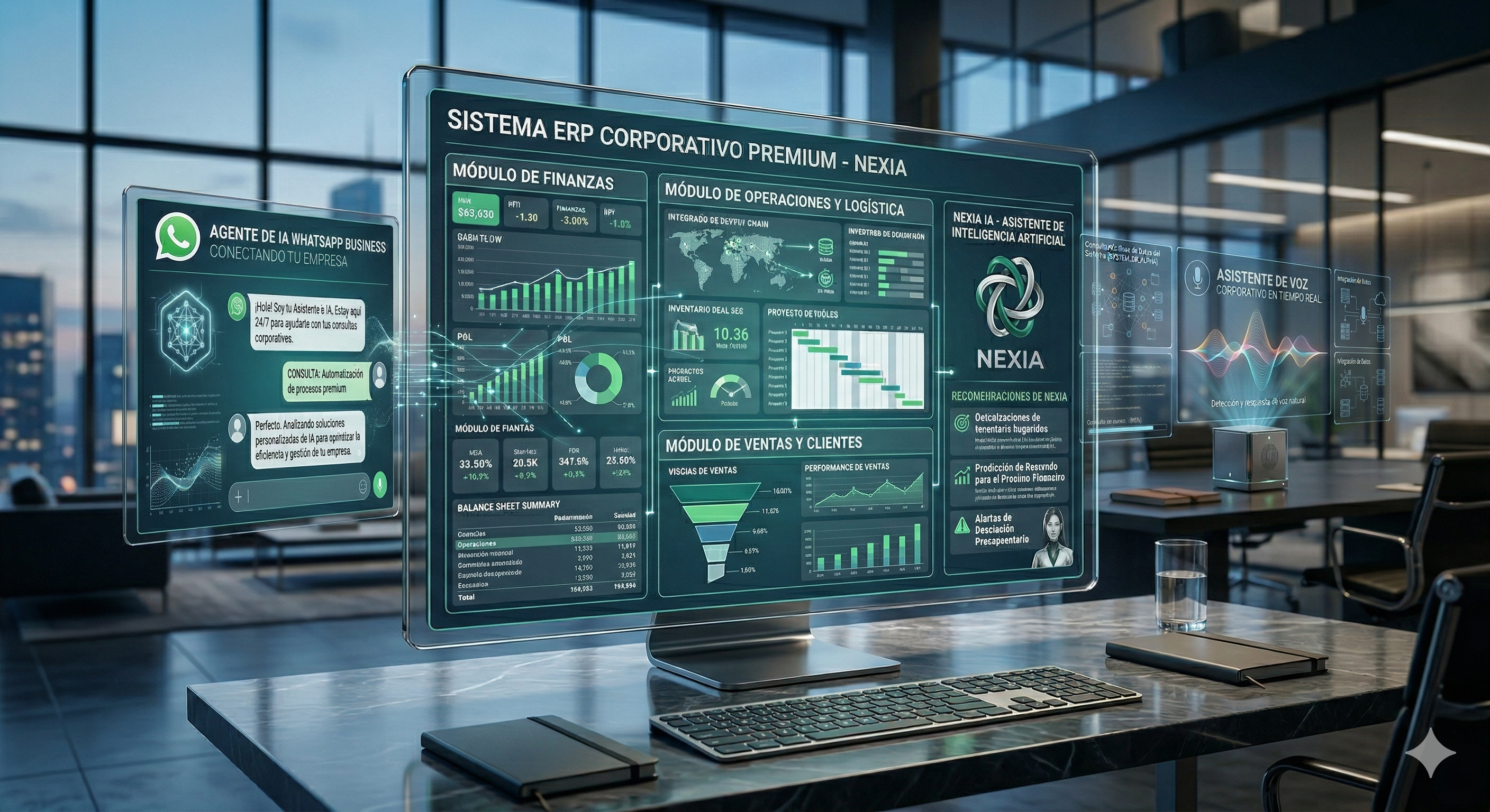 Suite completa de soluciones con inteligencia artificial - WhatsApp, voz y ERP NexIA